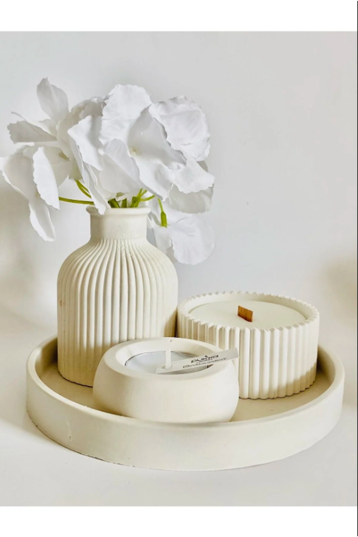 Beyaz Vazo Oval Tepsi / Kutuda Mum Ve Tealight Mumluk Dekorasyon Seti.